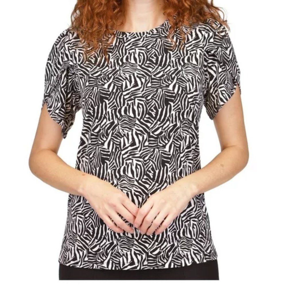 NWT MICHAEL KORS WOMENS ZEBRA-PRINT PETAL-SLEEVES BLACK WHITE TOP MED MSRP $68